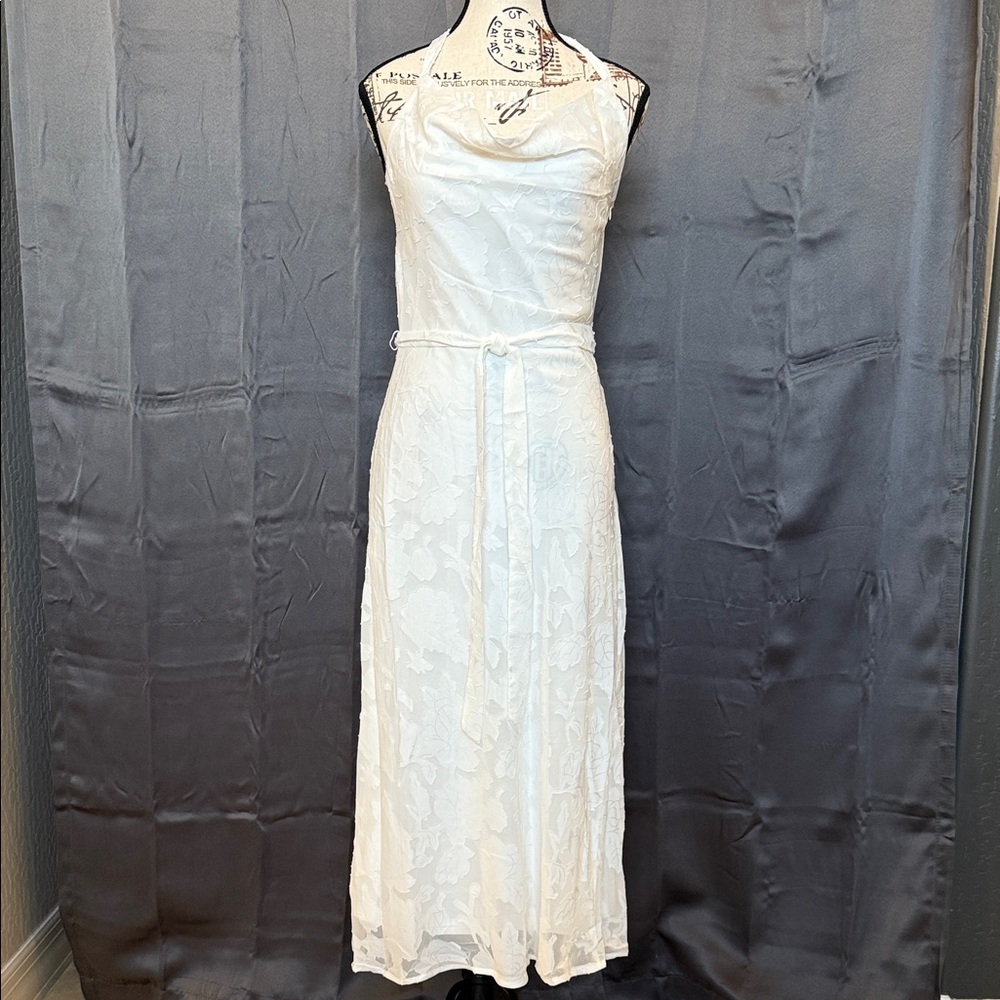 LULUS Elegant White Lace Halter Dress.